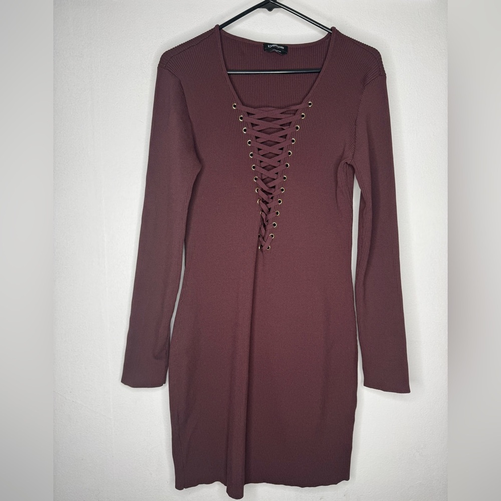 bebe Burgundy Lace-Up Long Sleeve Dress